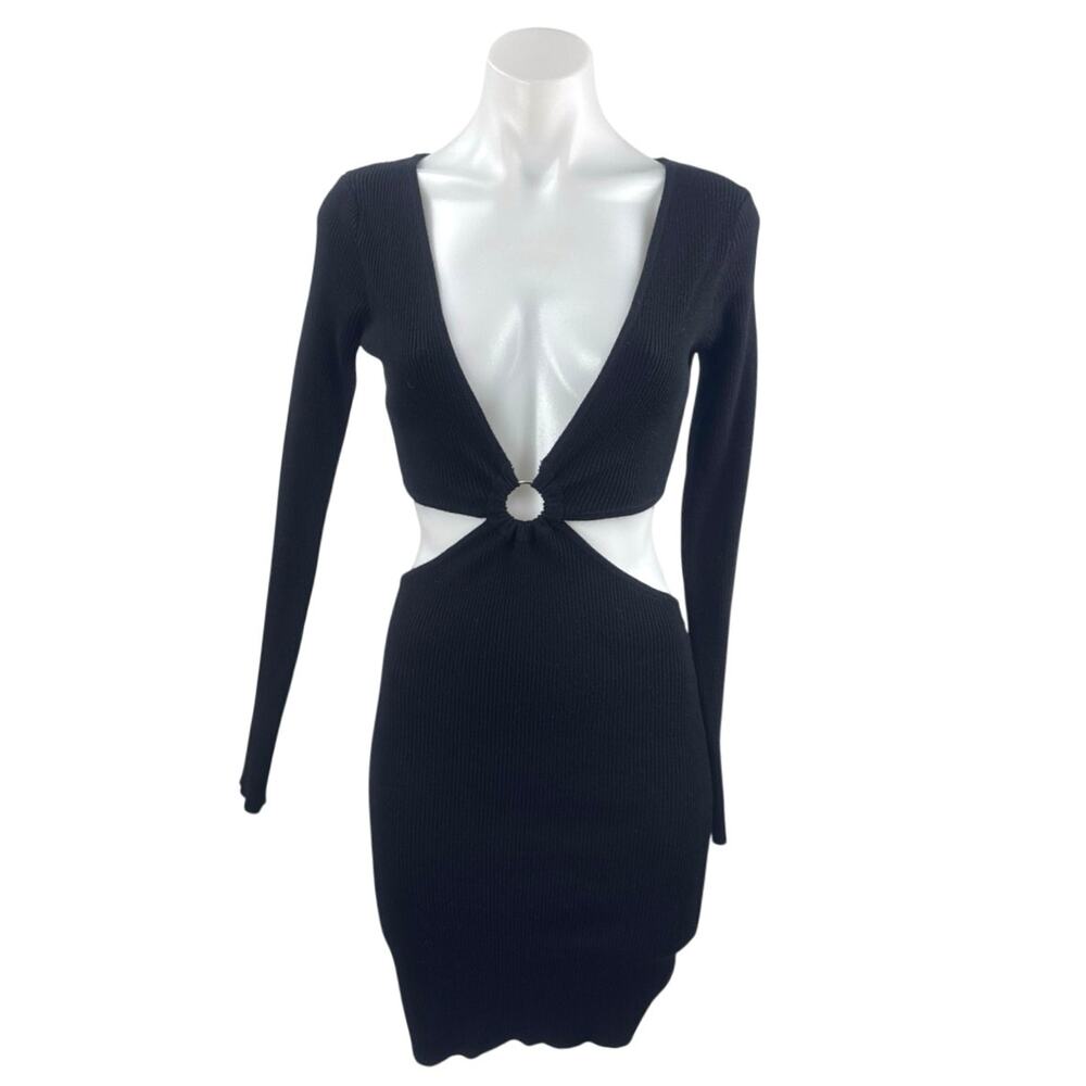 Princess Polly Lucia Black Ribbed Knit Cut Out Long Sleeve Mini Bodycon Dress XS